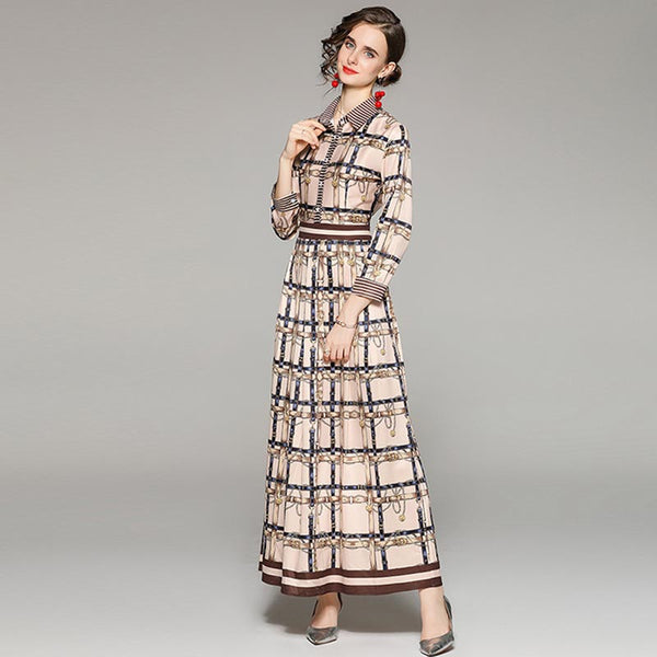 Elegant plaid lapel long sleeve pleated maxi dresses