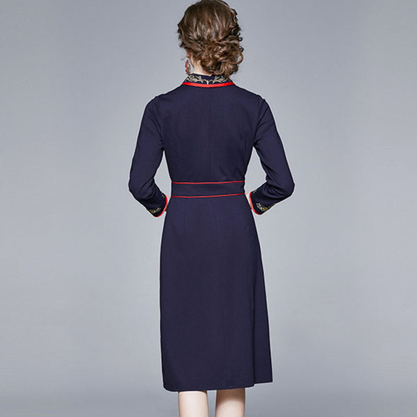 Turn-down collar embroidered a-line dresses