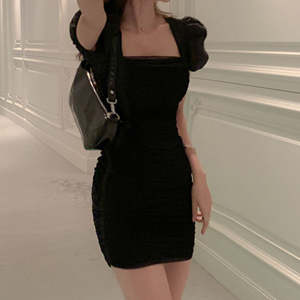 Cute puff sleeve ruched bodycon dresses