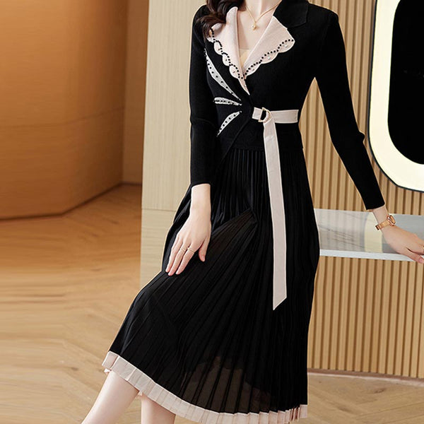 Stylish patch lapel long sleeve belted pleated dresses
