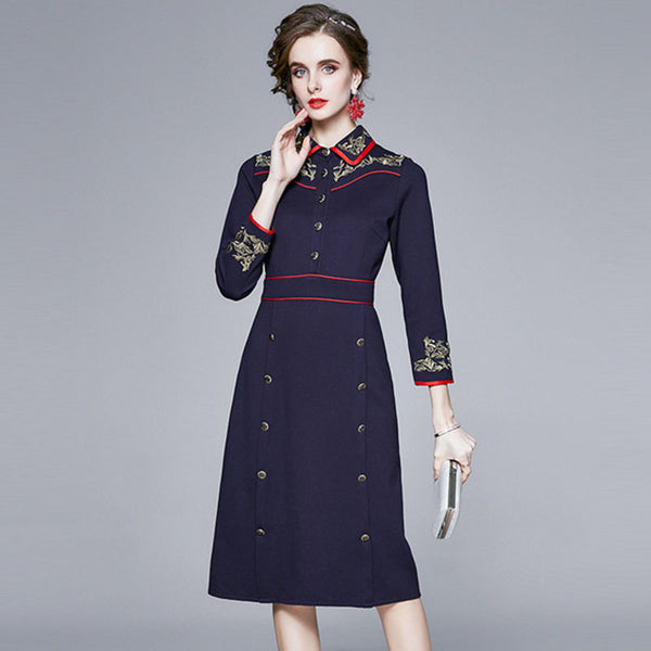 Turn-down collar embroidered a-line dresses