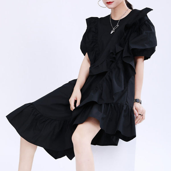 Puff sleeve lettuce ruffle shift dresses