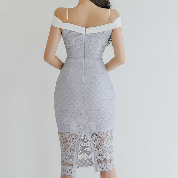 V-neck lace patchwork openwork sheath dresses