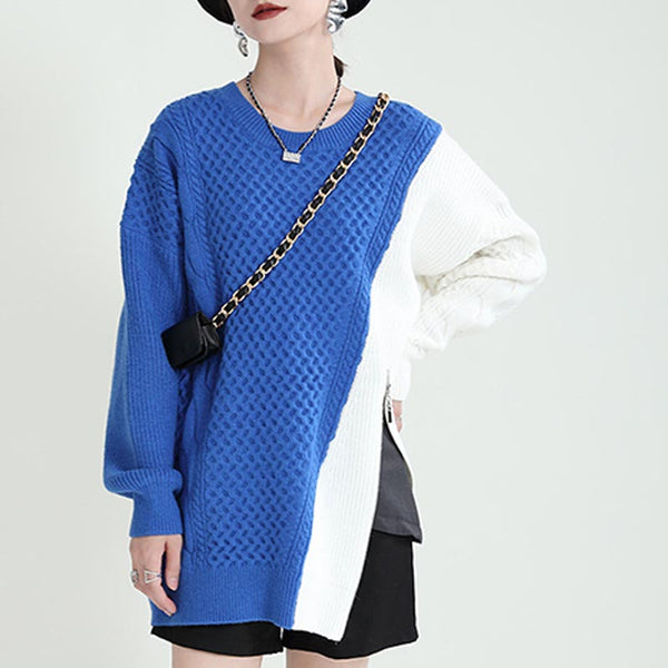 Chic color contrast crew neck long sleeve sweaters