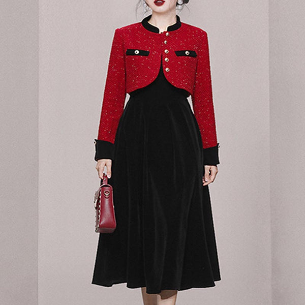 Elegant patch long sleeve short tweed coats and strap a-line dresses suits