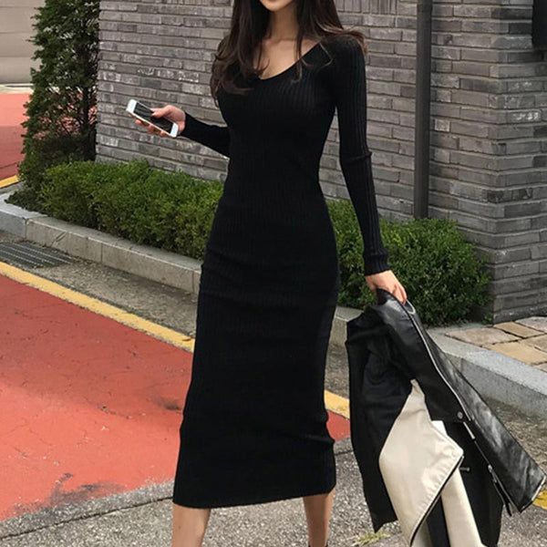 Classical solid stretchy knitted bodycon dresses