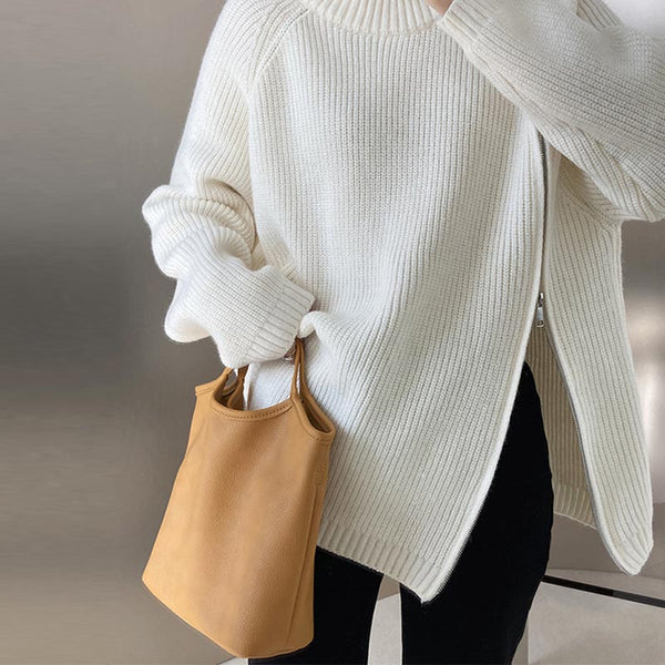 Casual solid diagonal zipper high neck sweaters