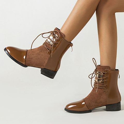 Round toe patch chunky heels lacing martin boots