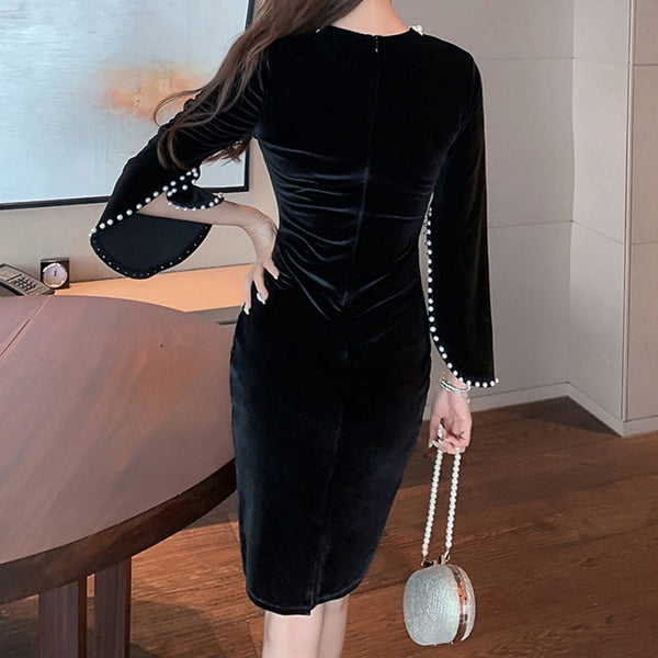 Black velvet long sleeve beaded short dresses