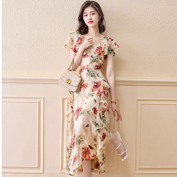 Summer floral print long chiffon dresses