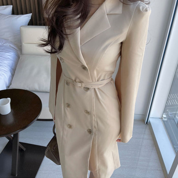 Solid double-breasted lapel belted bodycon dresses