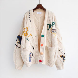 Loose embroidery long sleeve button down knitting cardigans