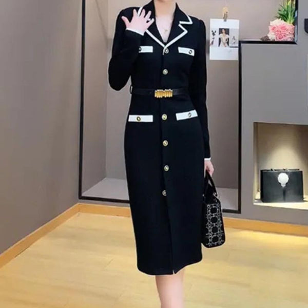 Stylish color contrast lapel single breasted slim dresses