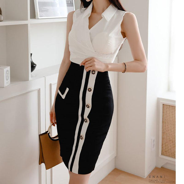 V-neck sleeveless top color blocked pencil skirt suits