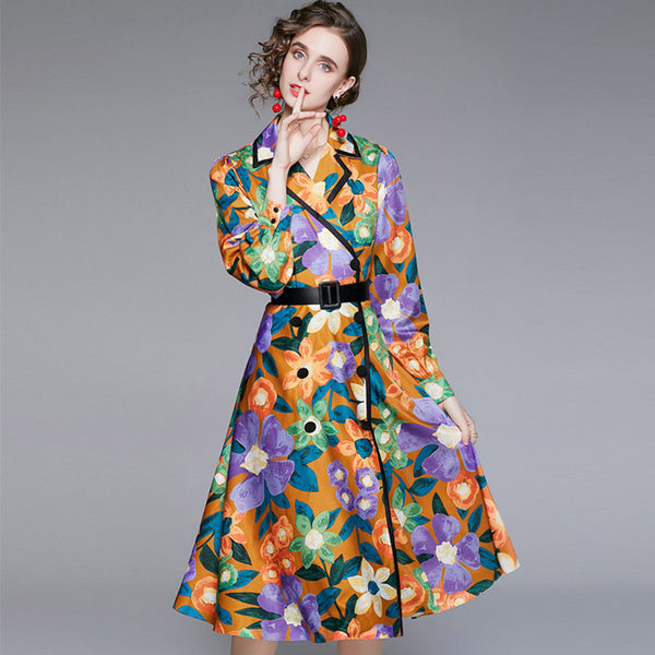 Double-breasted print long sleeve lapel dresses