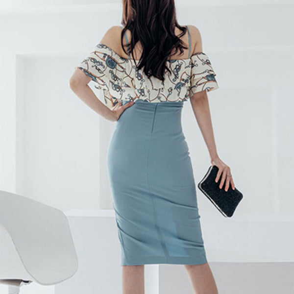 Off-the-shoulder color blocked bodycon dresses