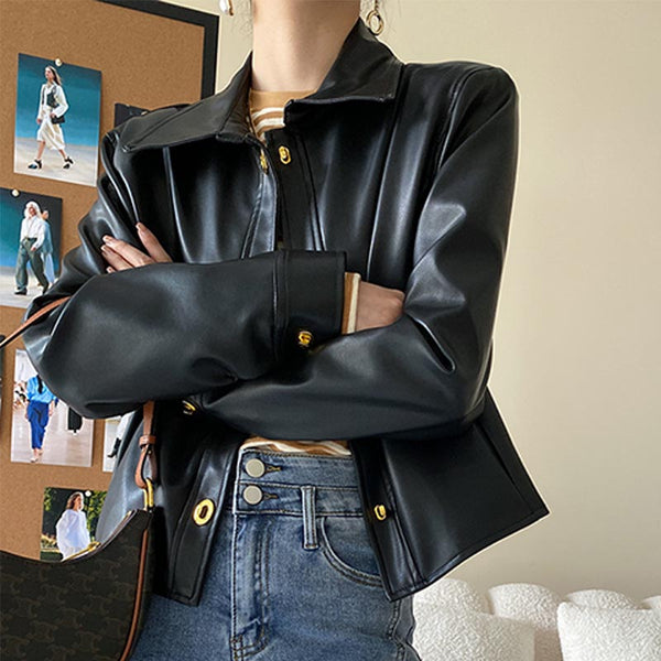 Stylish lapel button long sleeve PU leather jackets