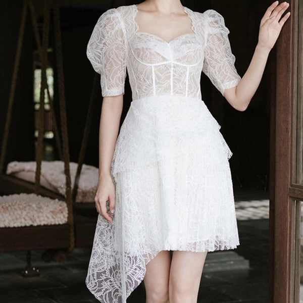 Retro lace puff sleeve irregular a-line dresses