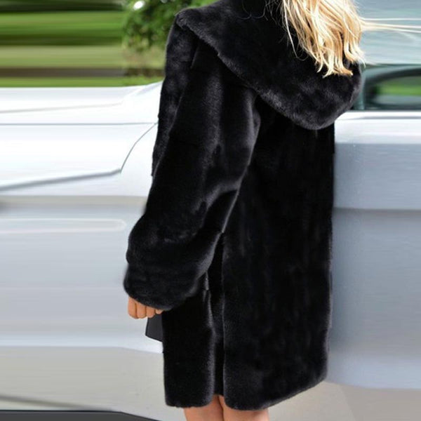 Stylish solid hoodied faux fur coats