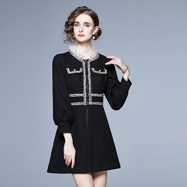 Stylish patch mock neck fringed skater dresses