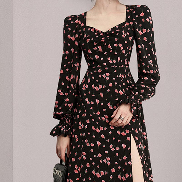 Elegant floral v-neck long sleeve split dresses