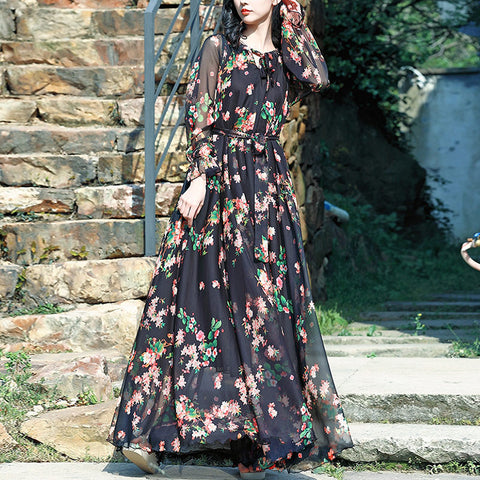Floral print belted long sleeve maxi dresses