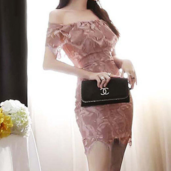 Pink off-the-shoulder fringed sheath dresses