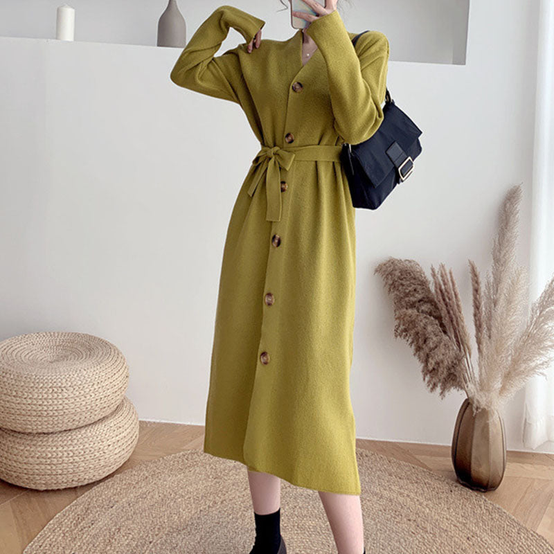 Solid single-breasted self tie knitting long dresses