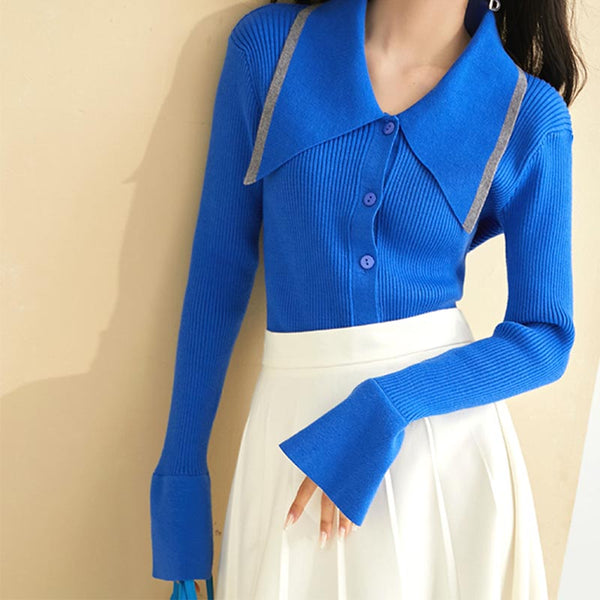 Brief solid large lapel long sleeve knit tops