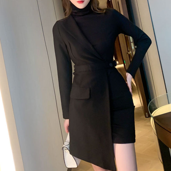 Black turtleneck long sleeve slim asymmetrical mini blazer dresses