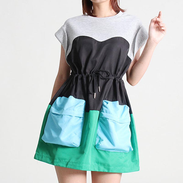 Casual color block pockets drawstring short sleeve dresses