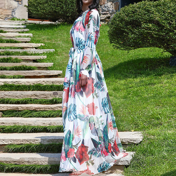 Floral lotus leaf print belted ruffle maxi dresses