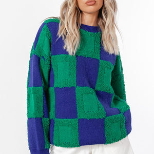 Plaid patch o-neck long sleeve sweaters