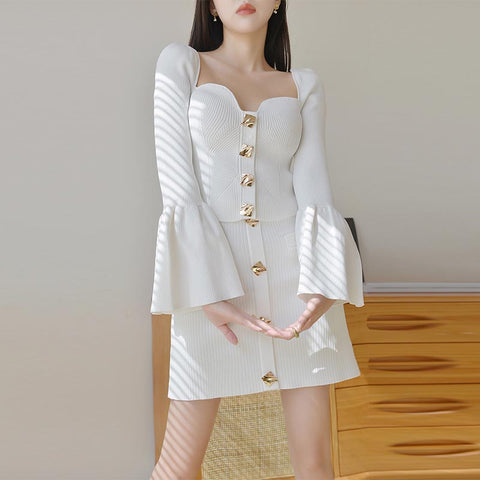 Sexy square neck ruffled long sleeve tops and button bodycon skirts suits