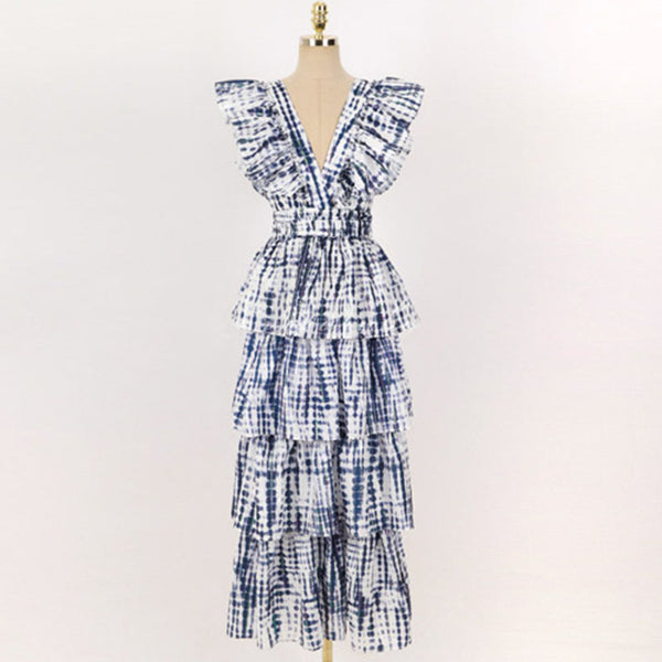V-neck sleeveless blue tie-dye layer maxi dresses