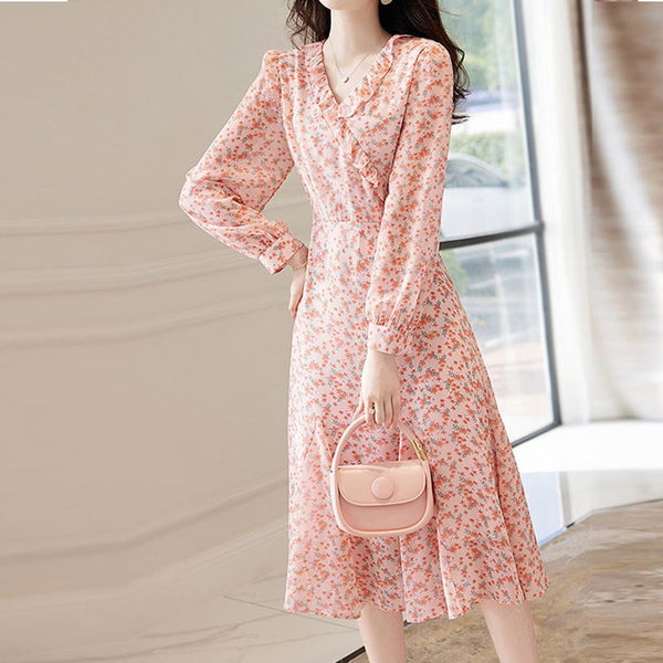 V-neck long sleeve flora midi dresses