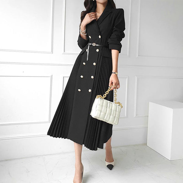 Brief lapel double breasted belted pleated blazer dresses