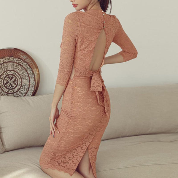 Mock neck puff sleeve lace bodycon dresses