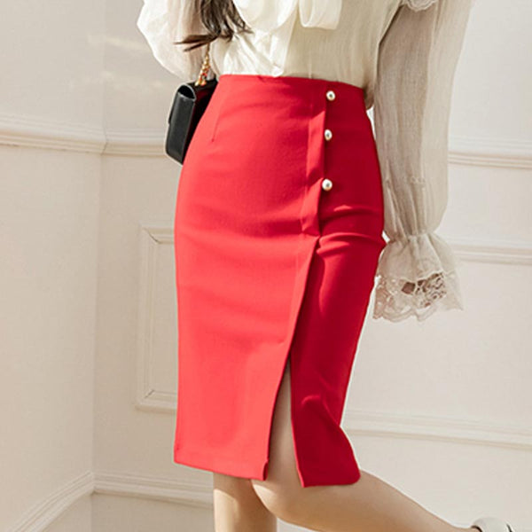 Solid beaded high waist split bodycon skirts