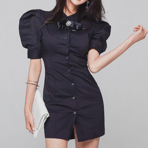 Turn-down collar puff sleeve single-breasted bodycon dresses