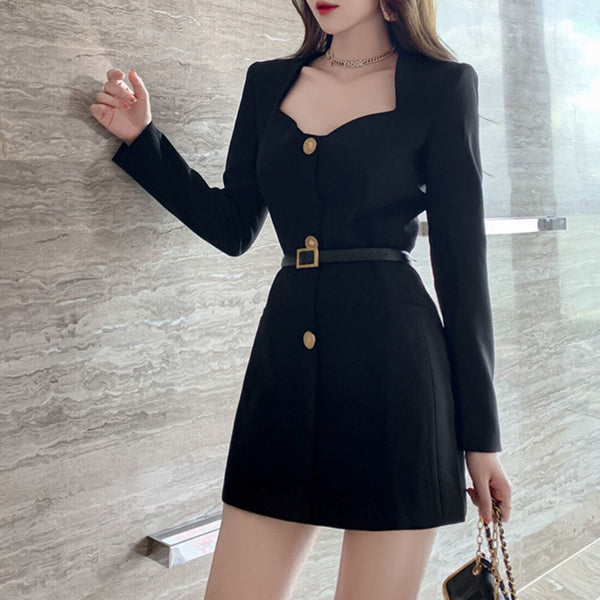 Single-breasted long sleeve black mini dresses