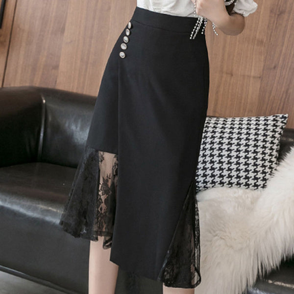 Black patchwork lace asymmetrical pencil skirts