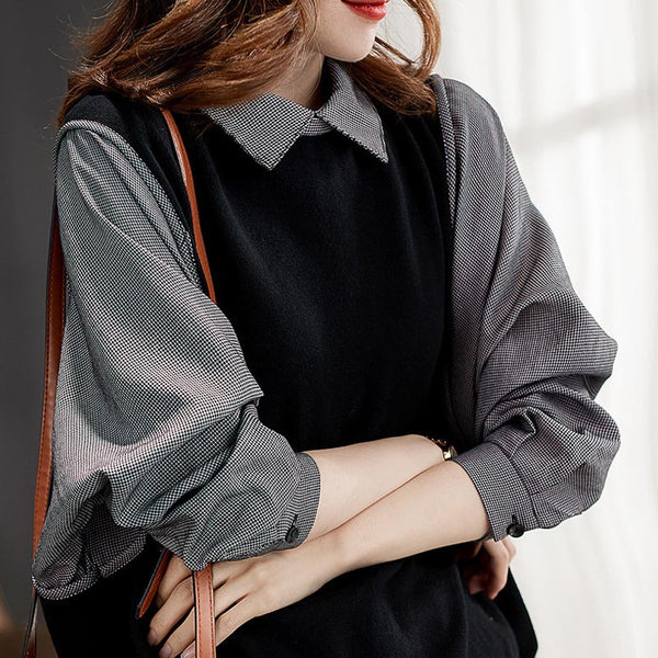 Chic patch lapel long sleeve fake two-pieces sweatshirts
