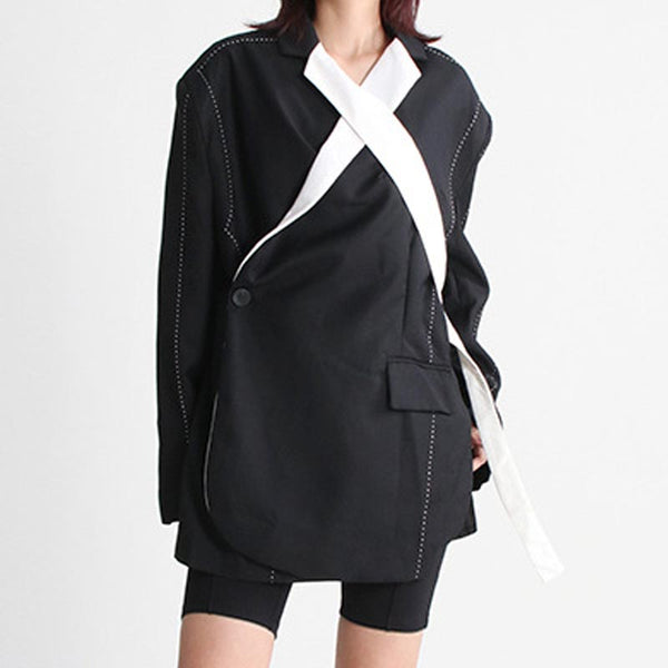 Chic color block patch v-neck long sleeve blazers