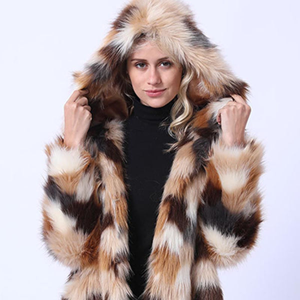 Hooded asymmetric faux fur coats