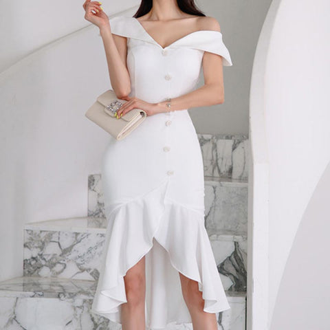 Sexy solid button off-the-shoulder irregular mermaid dresses