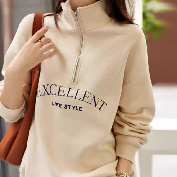 Casual letter zipper mock neck long sleeve sweatshirts