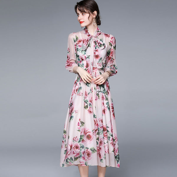 Flower print bowknot chiffon a-line dresses