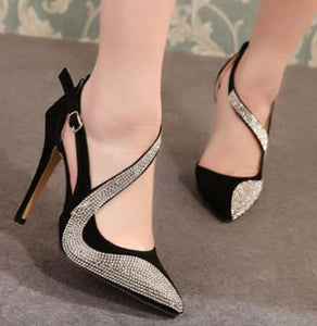 Pointed toe rhinestone ankle-strap heels