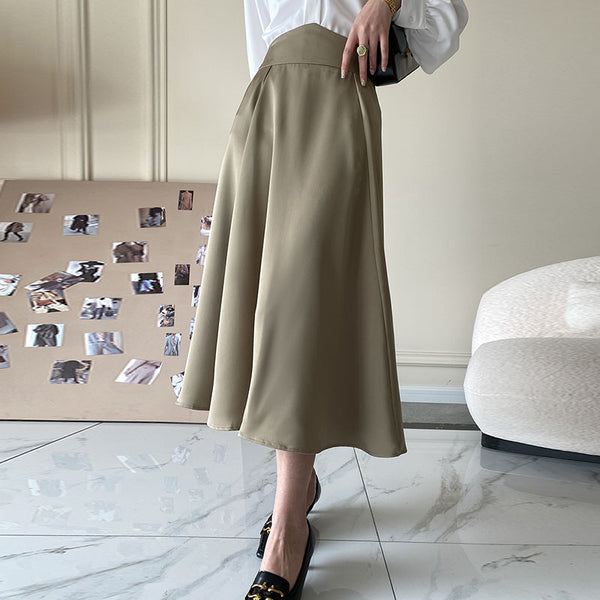 Solid satin high waist a-line skirts